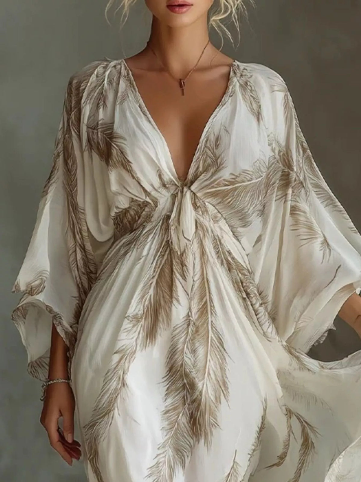Feather-print V-neck flowy maxi dress