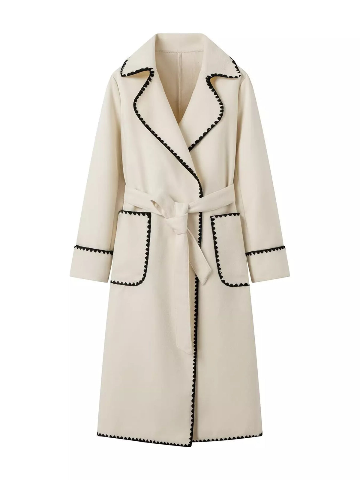 Contrast Scalloped Trim Trench Coat in off-white