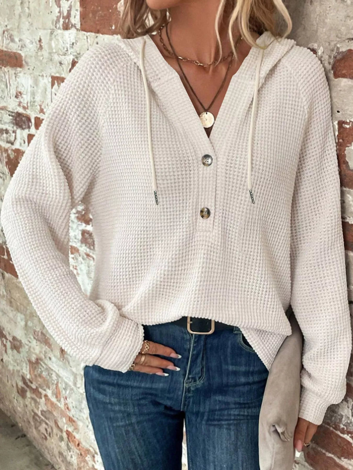 White waffle knit button-detail hoodie