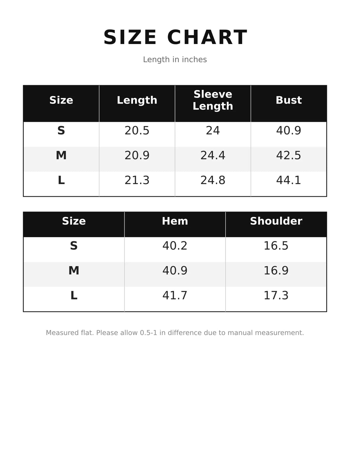 Size chart for women's sherpa-lined denim jacket