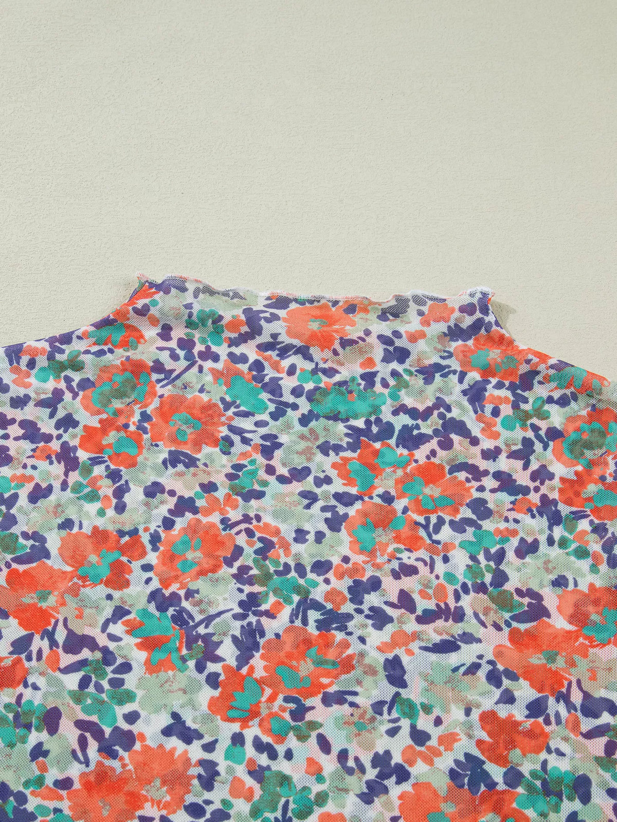 Women's Floral Print Sheer Mesh Long Sleeve Mock Neck Top in Floral, alternate front view