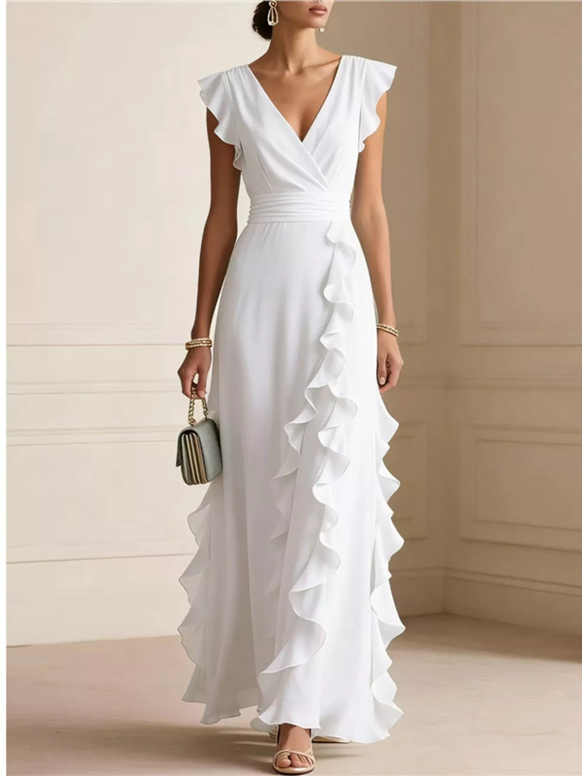 White ruffled surplice maxi dress, front view