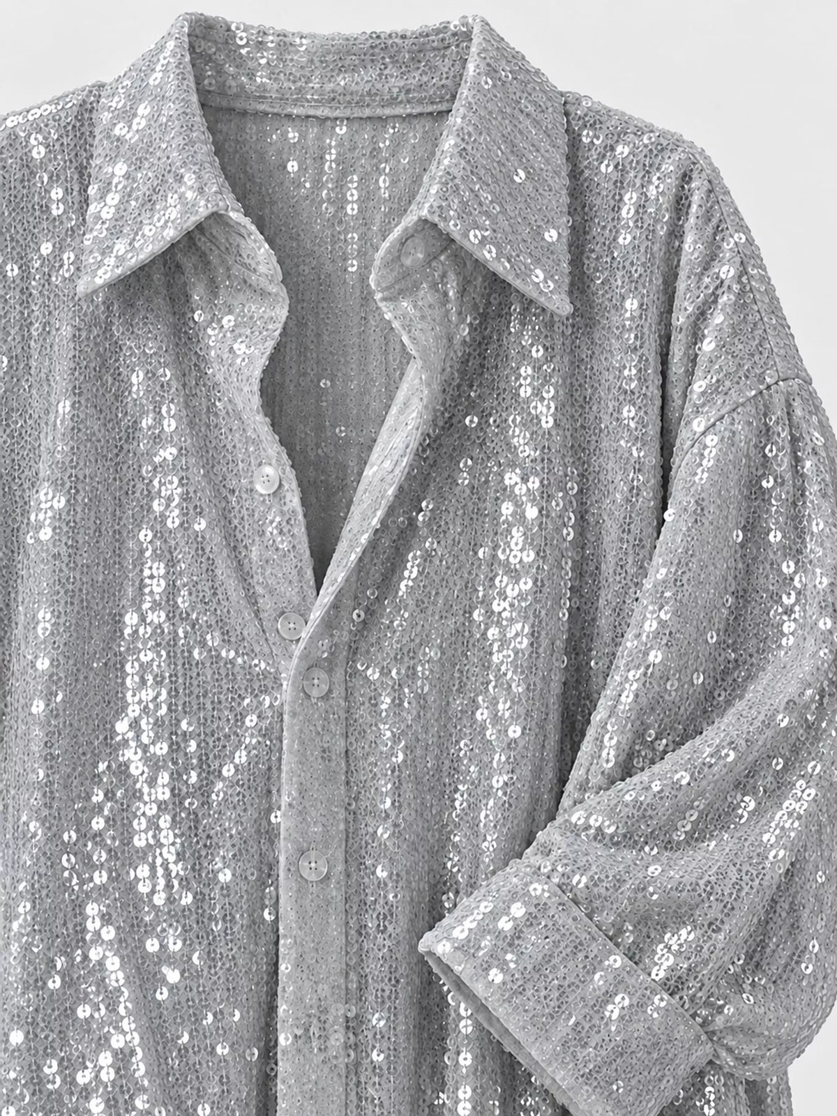 Silver White sequin button up long sleeve shirt, detail view
