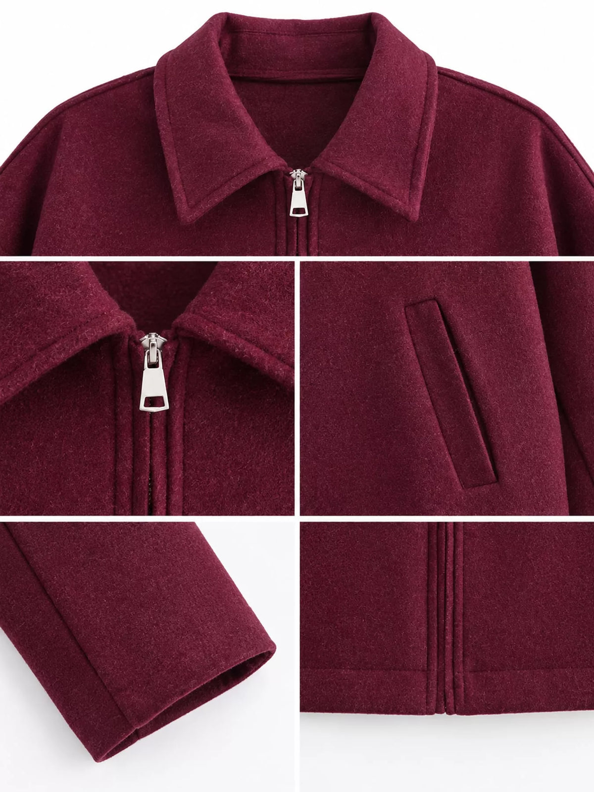 Cropped zip jacket, burgundy detail collage