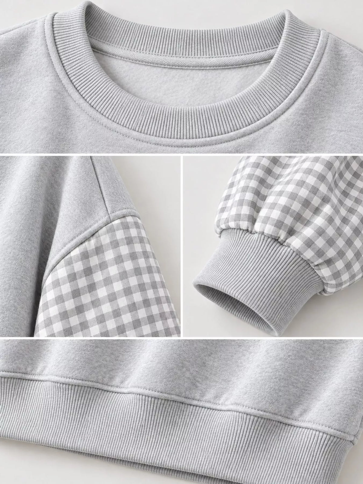Gray and white gingham sleeve dropped shoulder sweatshirt, detail view