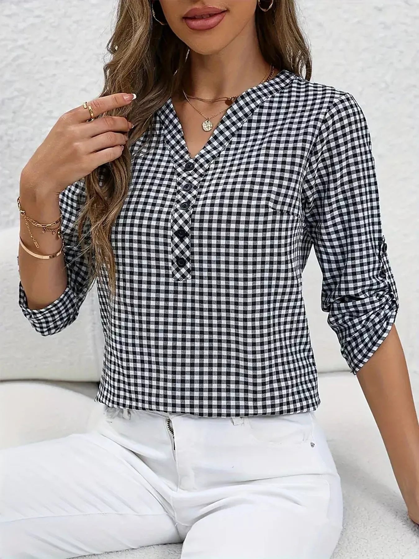 Trendsi Gingham Button Detail Blouse -