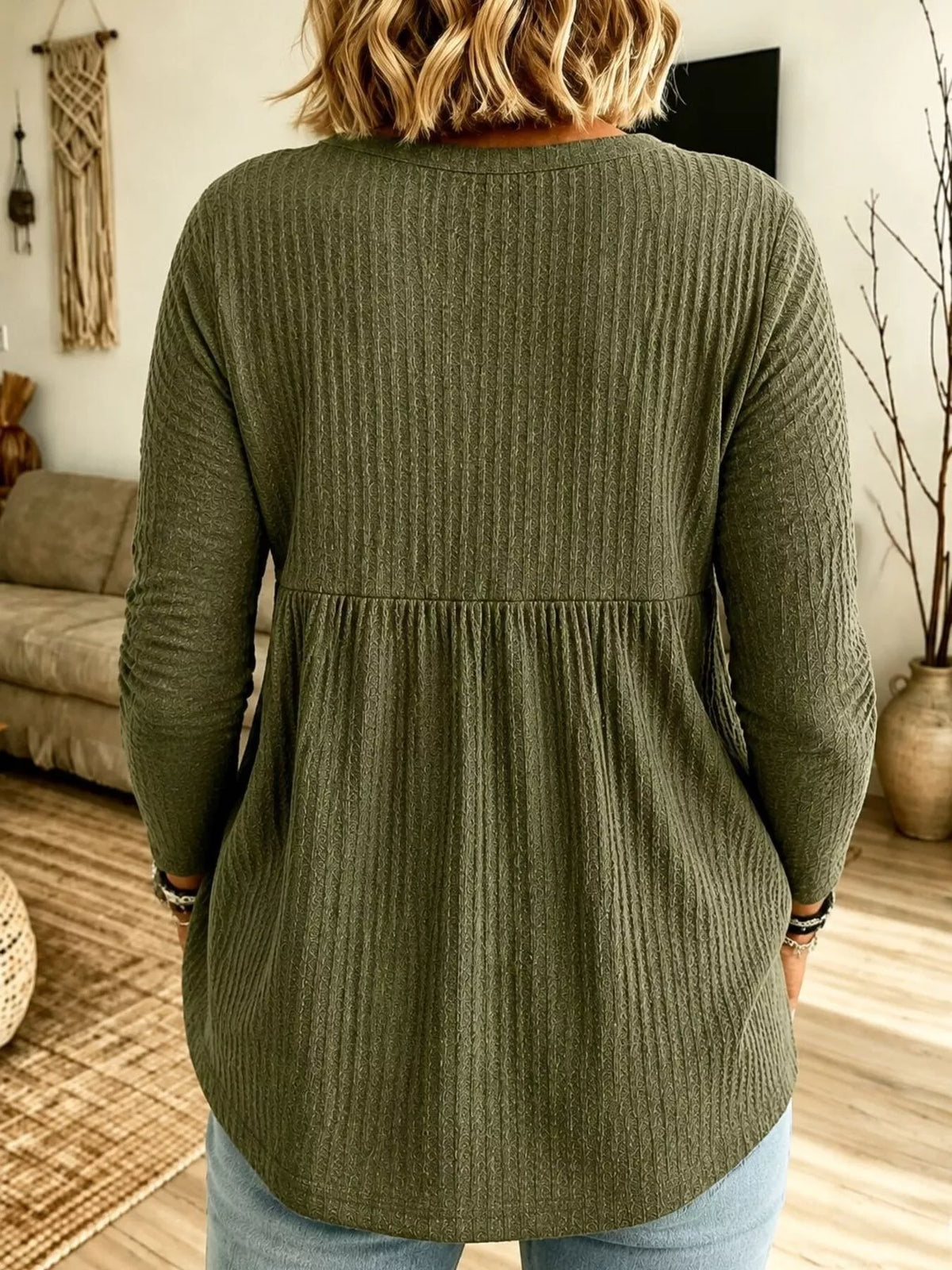 Button Detail Knitted Top in green, back view
