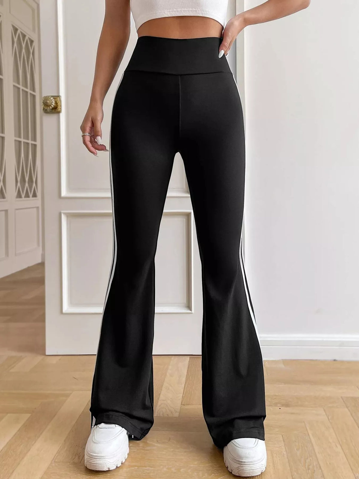 Black and white strips high-waisted side-striped flare active pants