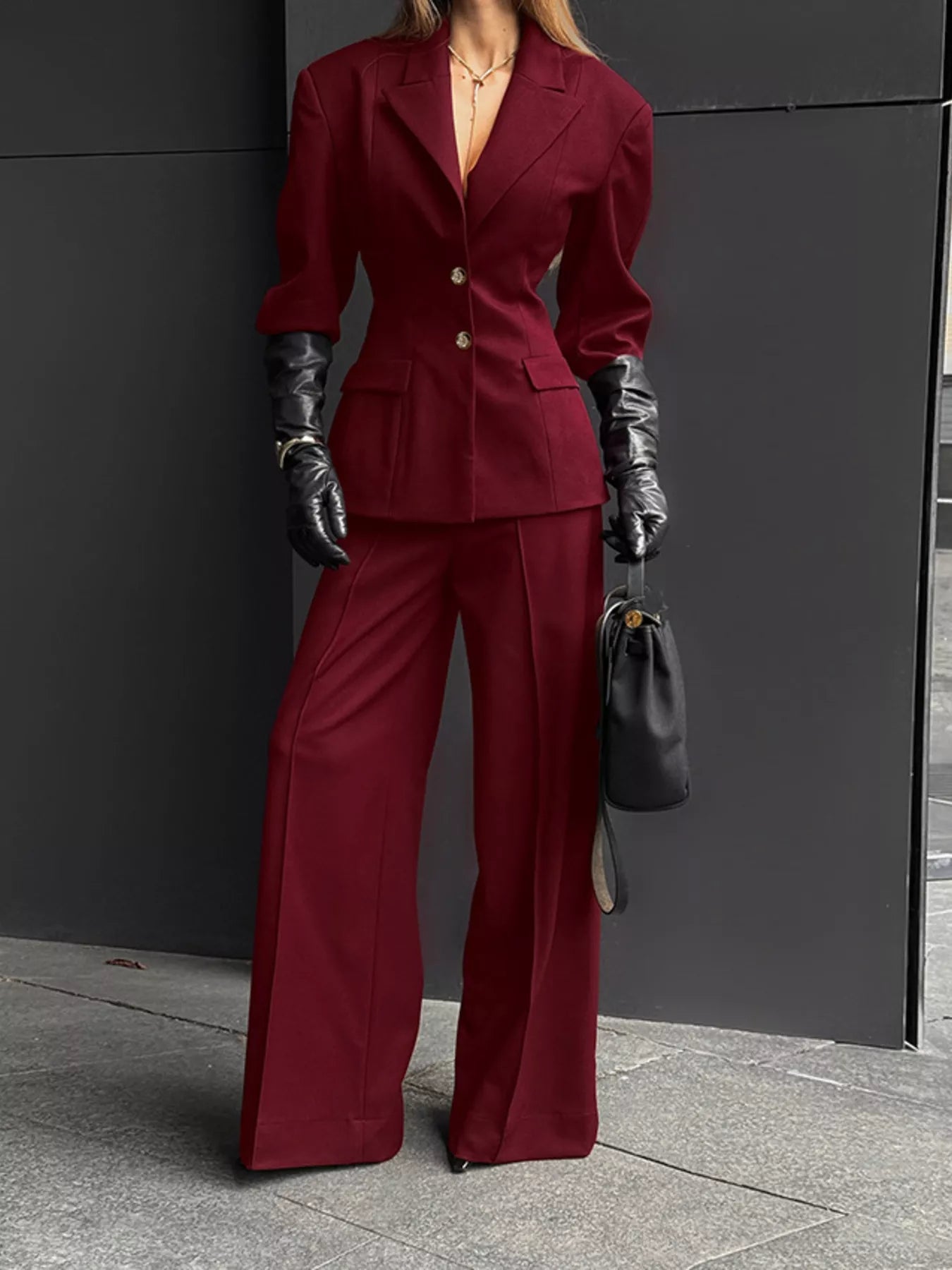 Trendsi Lapel Collar Blazer and Wide-Leg Pants Set -