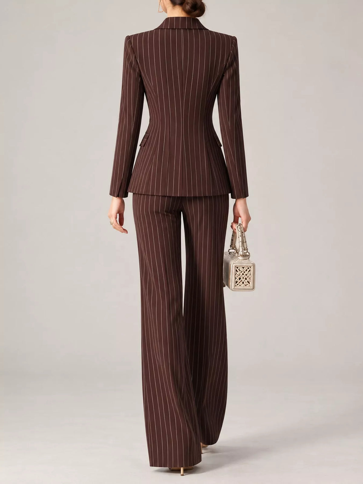 Pinstripe pantsuit, brown suit back