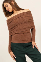 Trendsi HYFVE Fuzzy Off Shoulder Textured Knit Top - Shirts