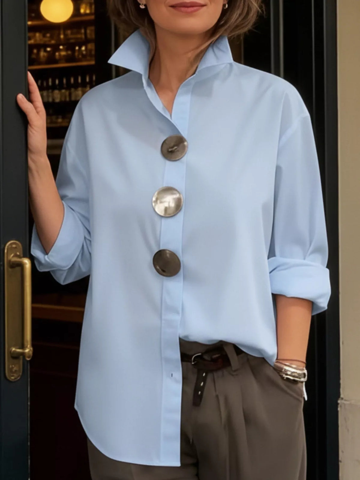 Trendsi Full Size Oversized Metal Button Long Sleeve Shirt Plus Size -