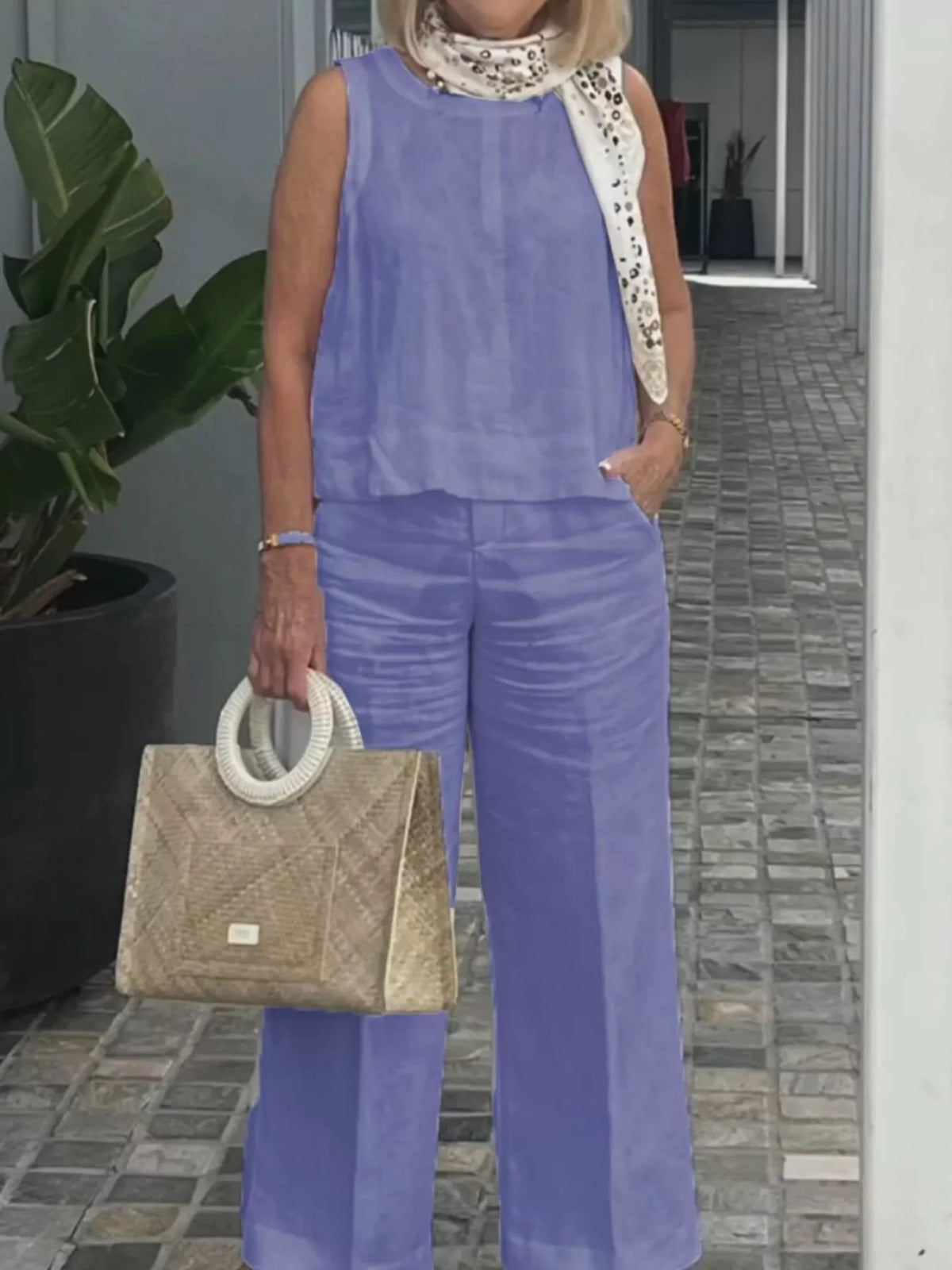 Sleeveless Top and Wide-Leg Pants Set — front view
