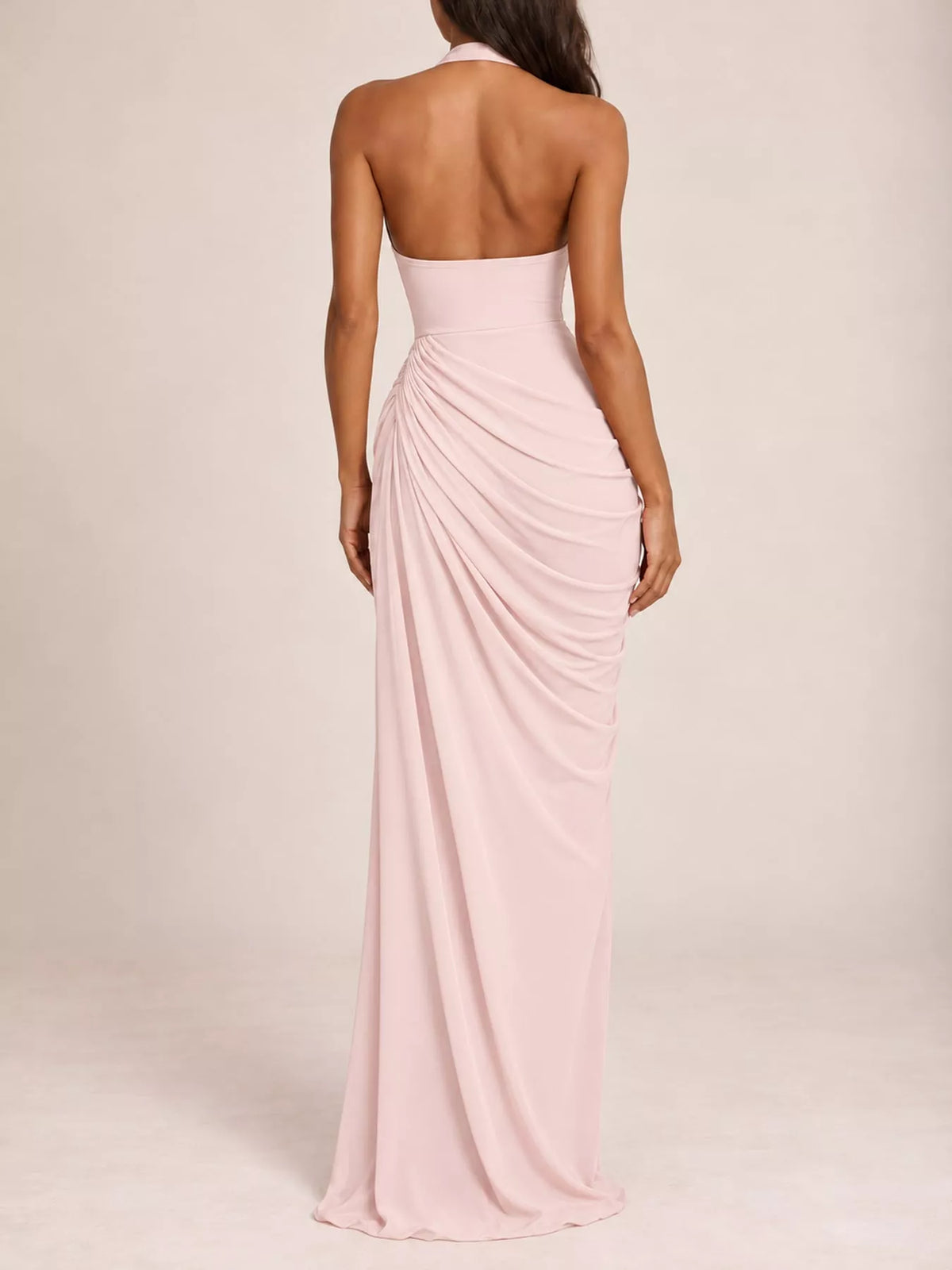 Pink halter neck high-slit maxi evening dress — back view