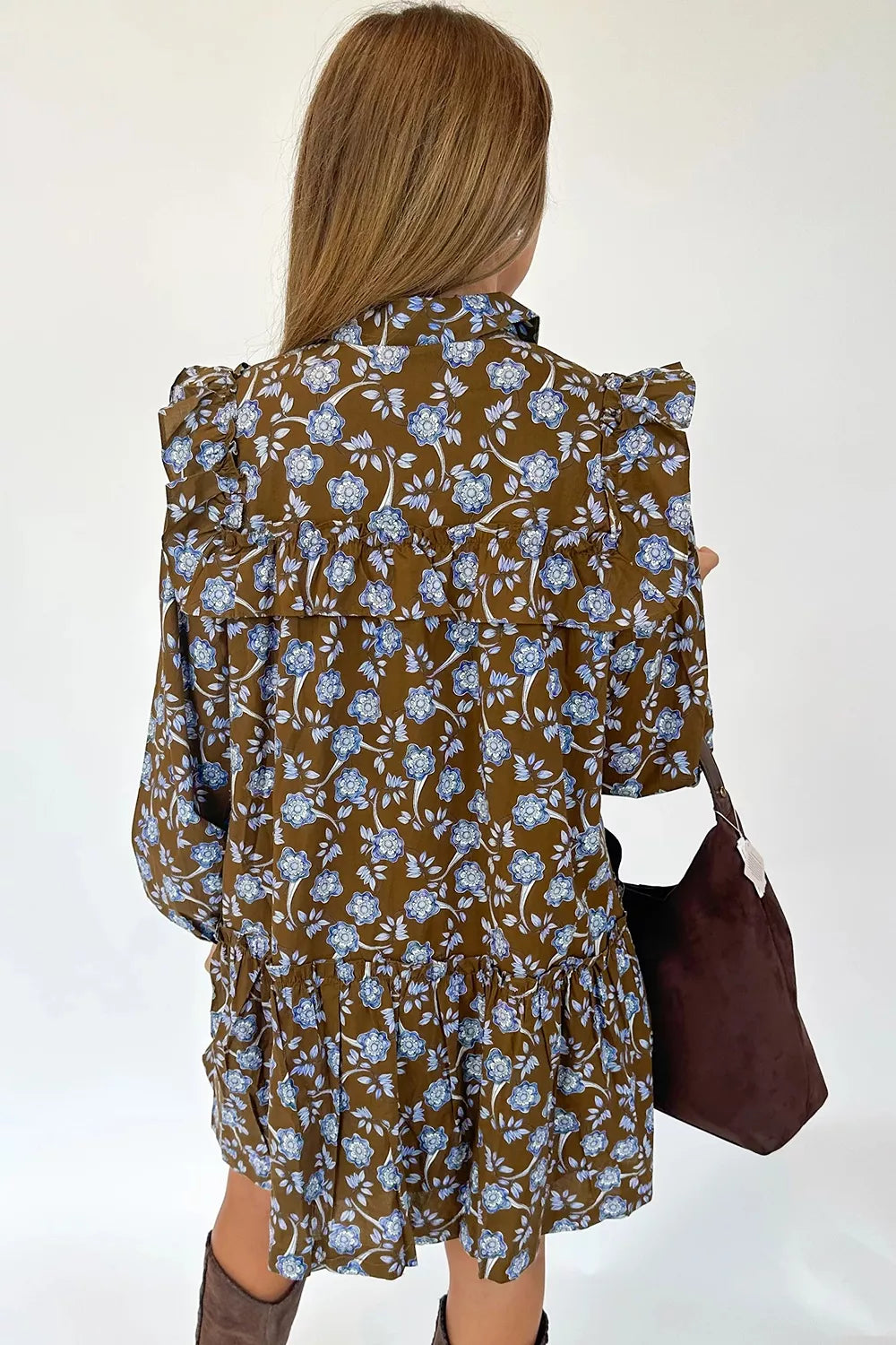 Trendsi Floral Print Ruffled Detail Shirt Collar Button Down Long Sleeve Dress -