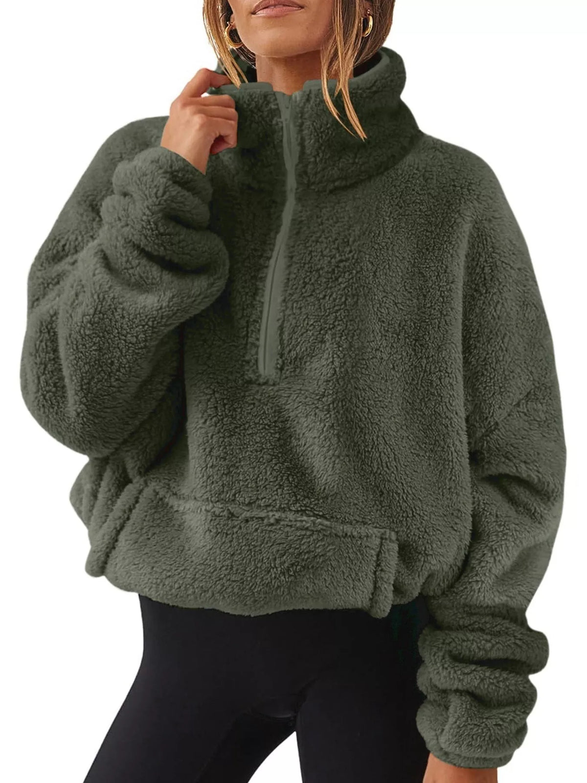 Sherpa quarter-zip sweatshirt, olive front