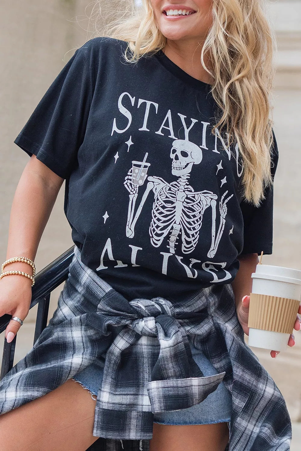 Trendsi STAYING ALIVE Funny Skeleton Graphic Round Neck T Shirt -