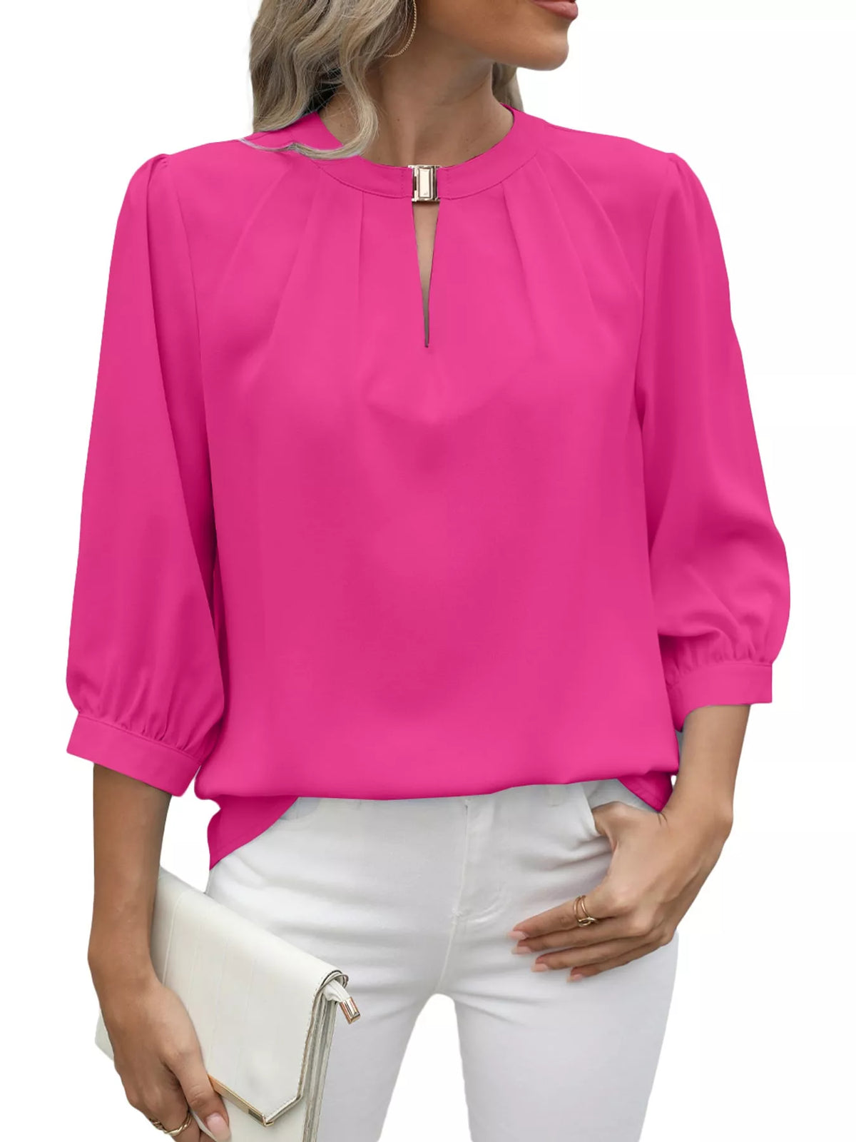 V-Neck Metal Buckle Detail Blouse, detail view in pink