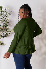 Trendsi Double Take Half Button Long Sleeve Ruffle Hem Blouse - Pants