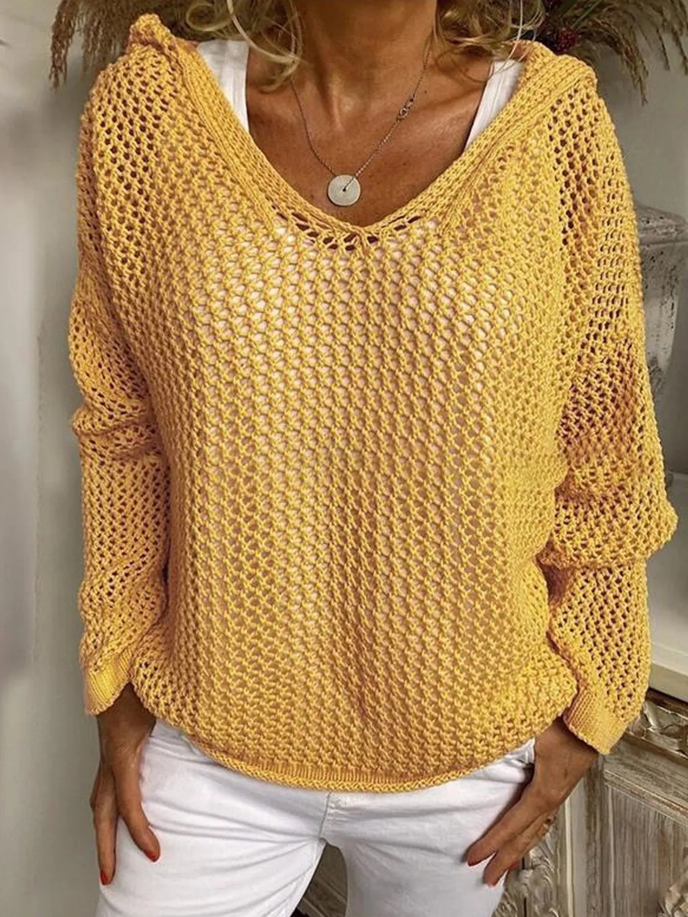 Trendsi Openwork Long Sleeve Hooded Knit Cover Up -