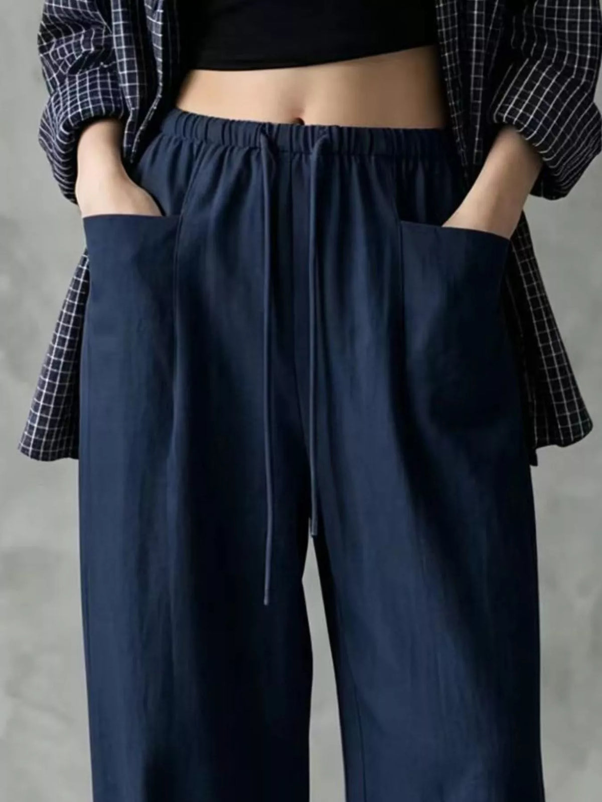 Women's Drawstring Wide-Leg Casual Pants in navy — waist detail view