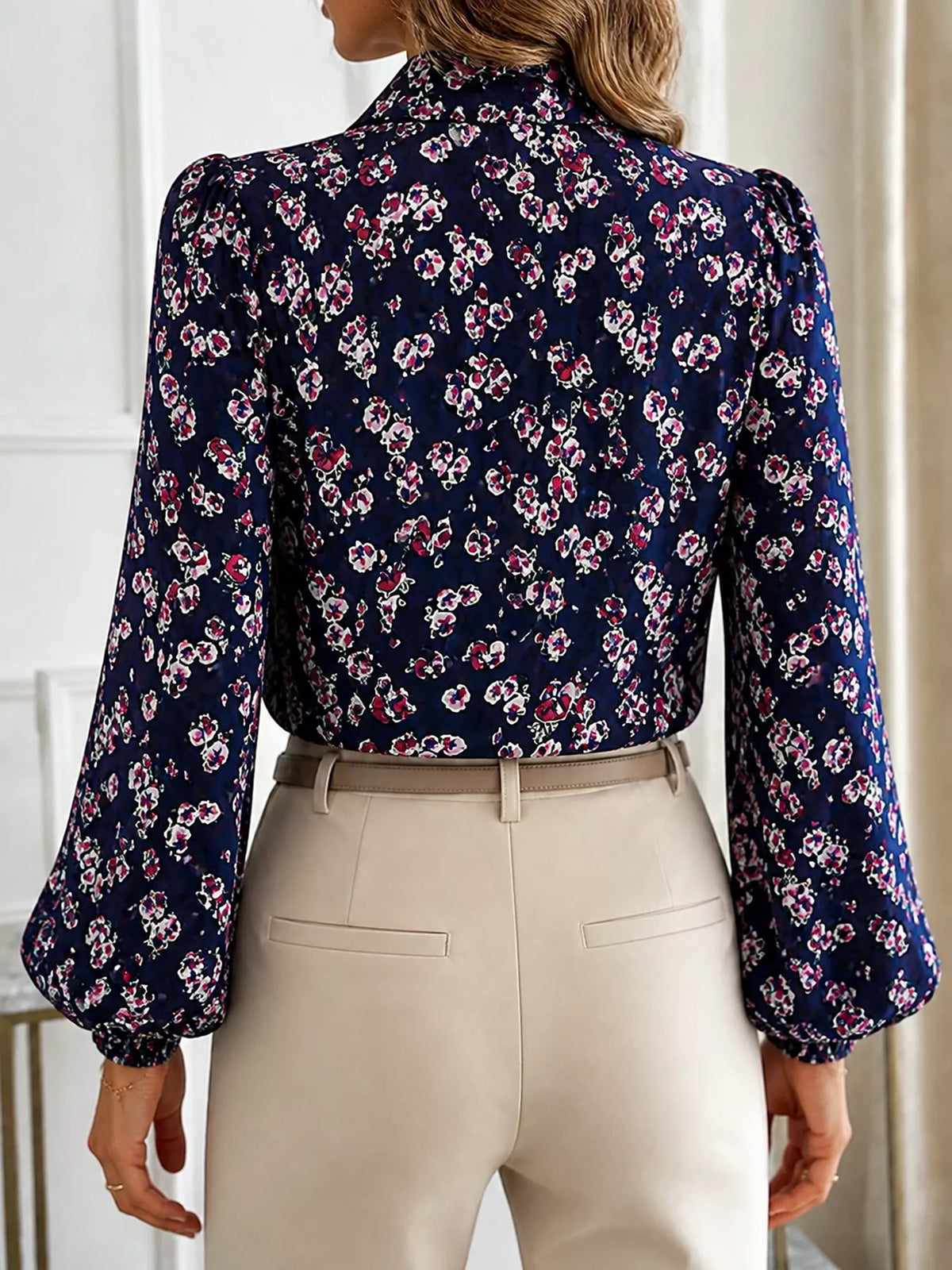 Women's Printed Bow-Tie Neck Long Sleeve Blouse in Mauve, side view