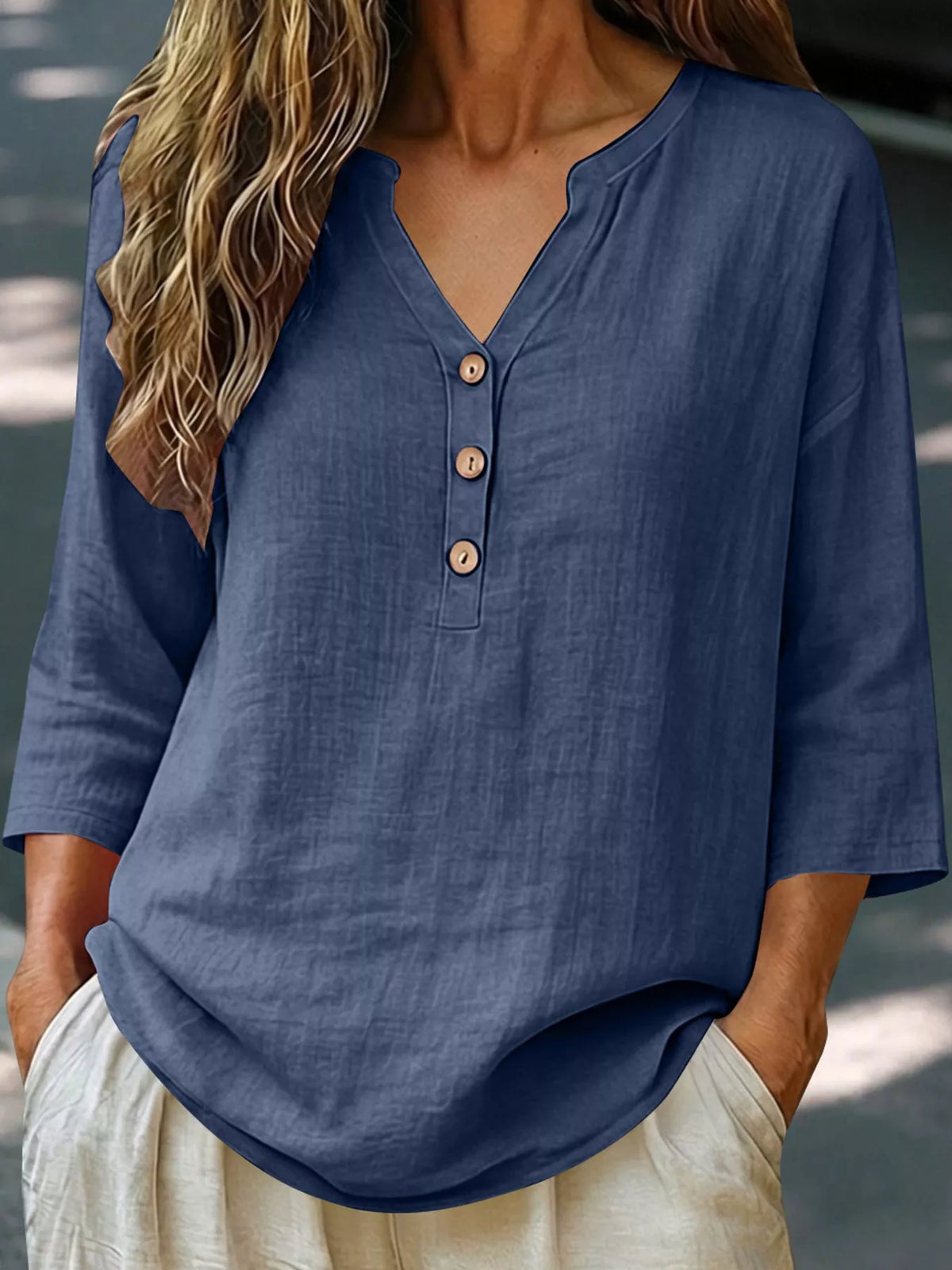 Button Notched 3/4 Sleeve Blouse in navy, front view