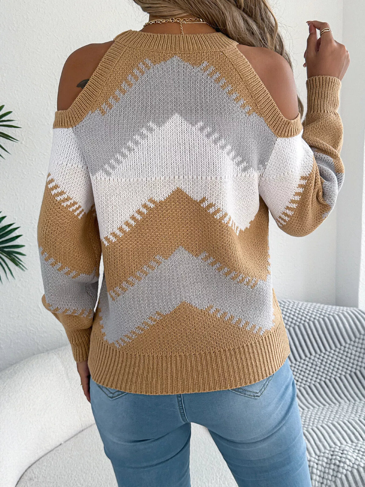 Khaki Color cold shoulder chevron pattern knit sweater, back view