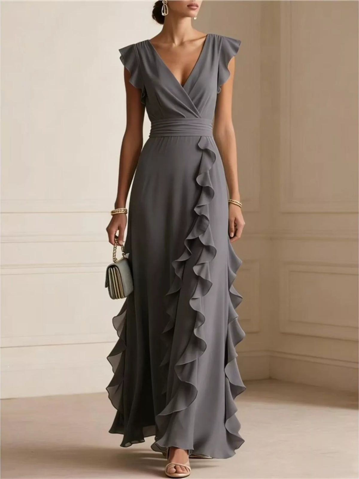 Women's Ruffled Surplice Maxi Dress in Dark Gray, front view