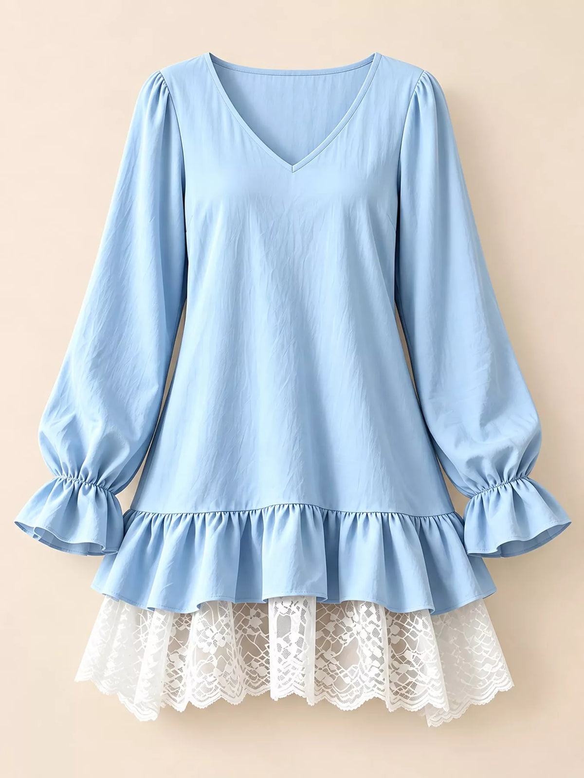 Lace-hem dress, blue flat front