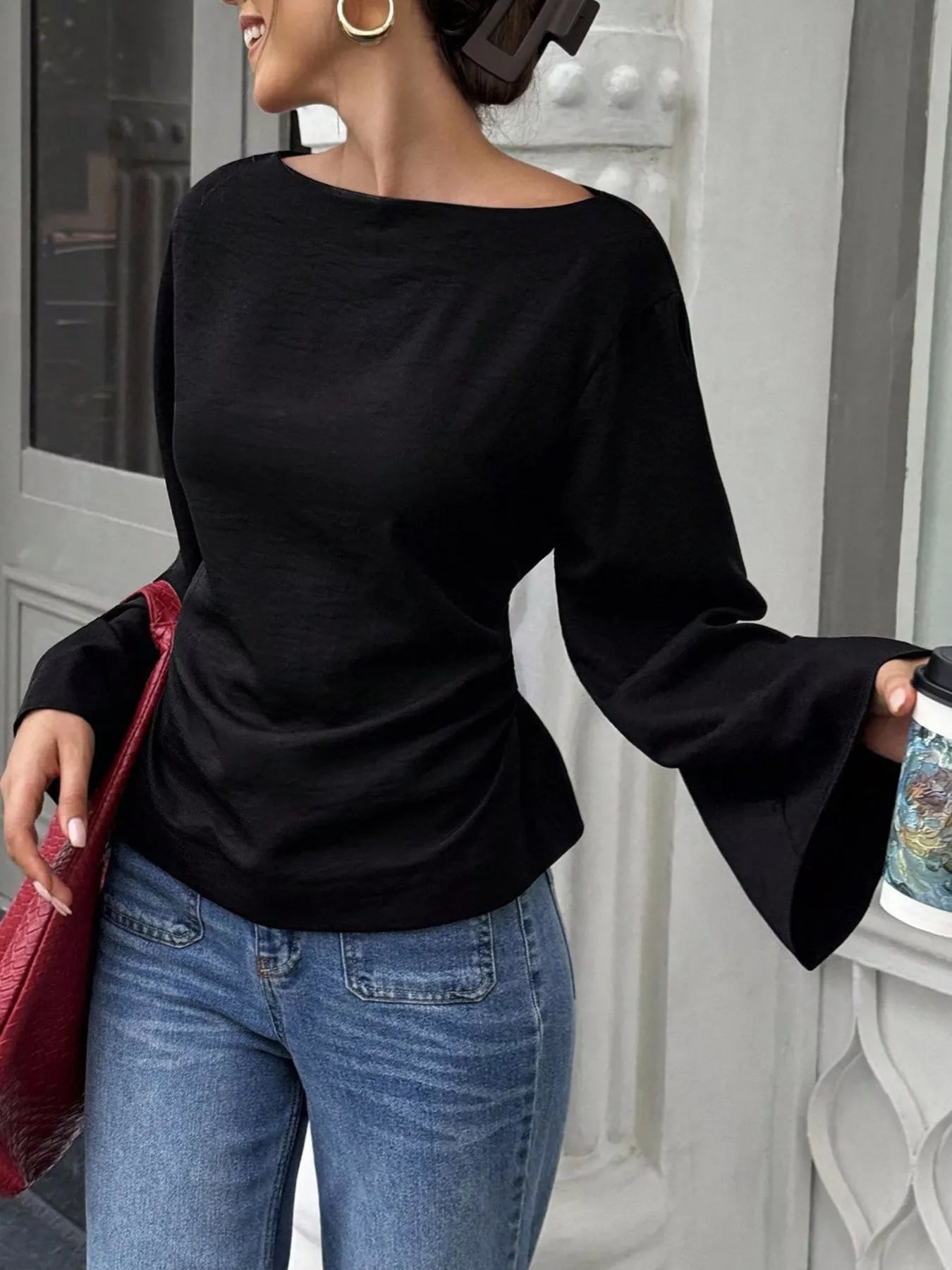 Trendsi Boat Neck Long Sleeve Slim-Fit T-Shirt -