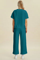 Trendsi Double Take Full Size Texture Round Neck Short Sleeve Top and Pants Set -