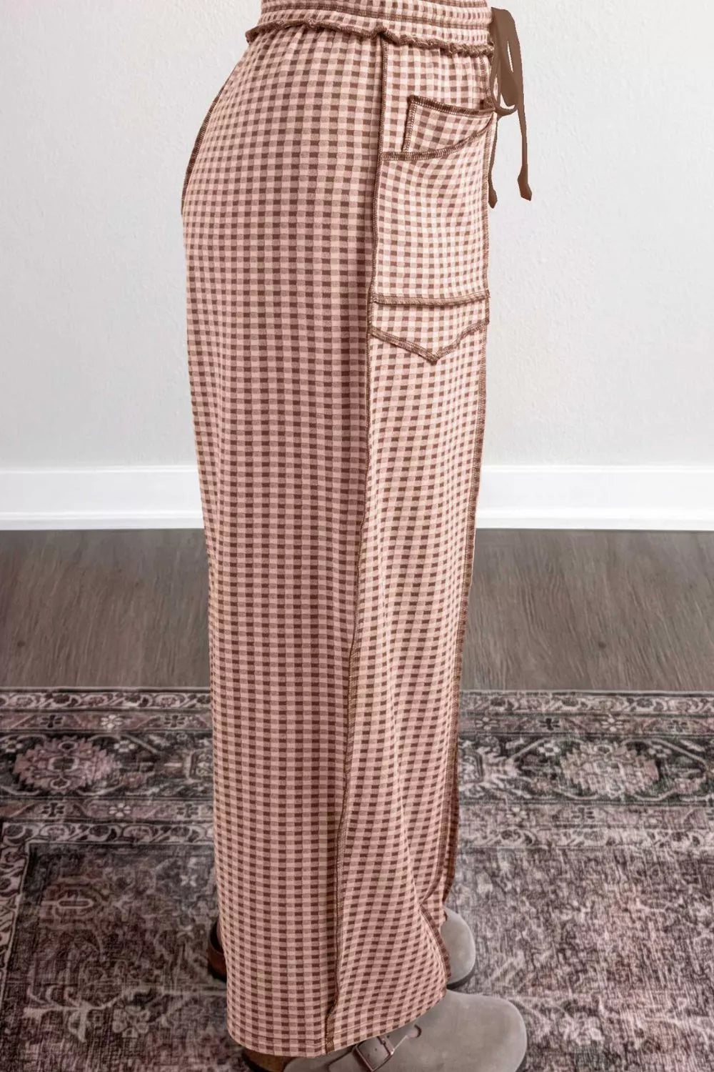 High-Waisted Gingham Drawstring Wide-Leg Pants — side view