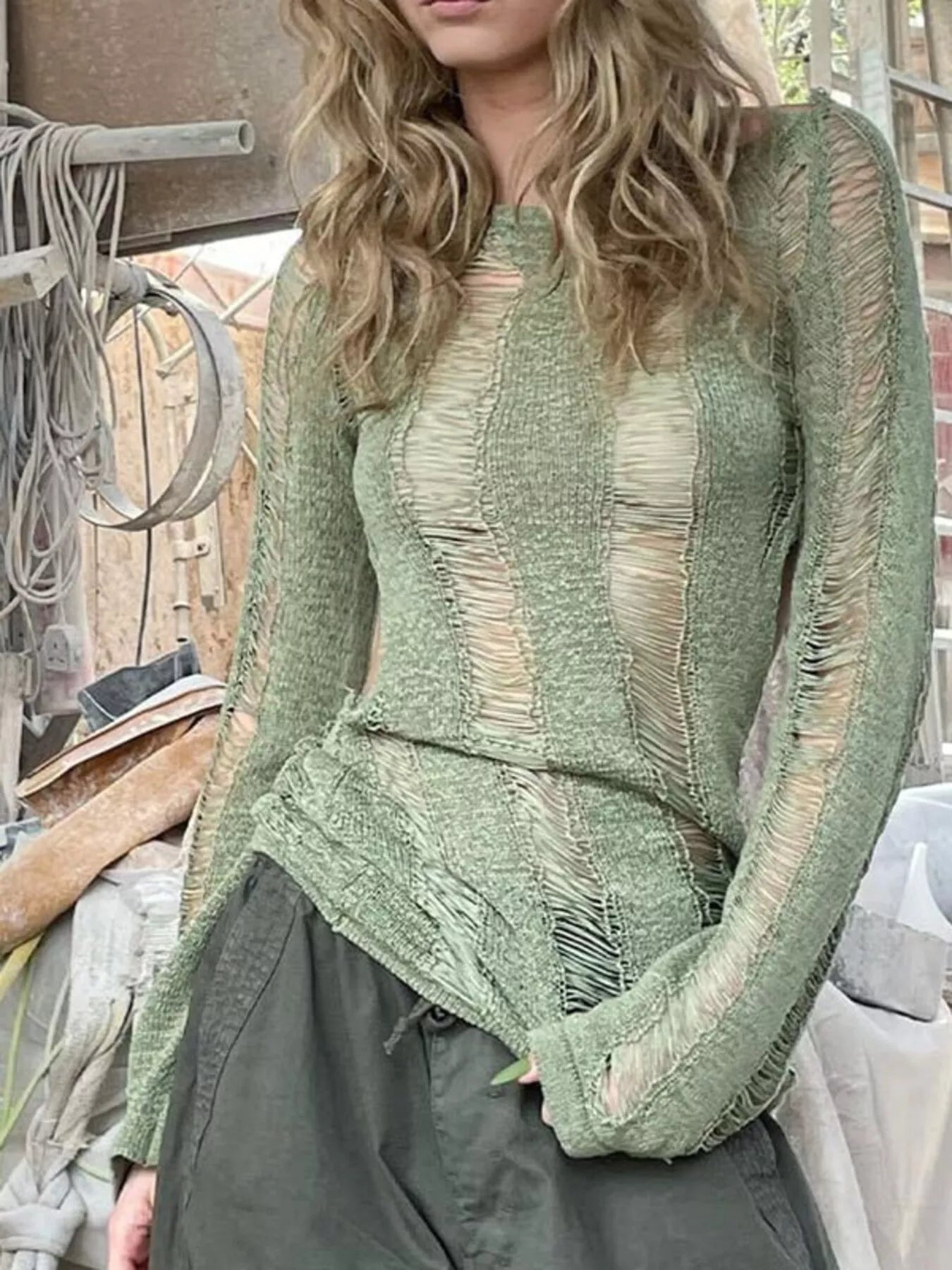 Trendsi Backless Distressed Long Sleeve Knit Cover Up -