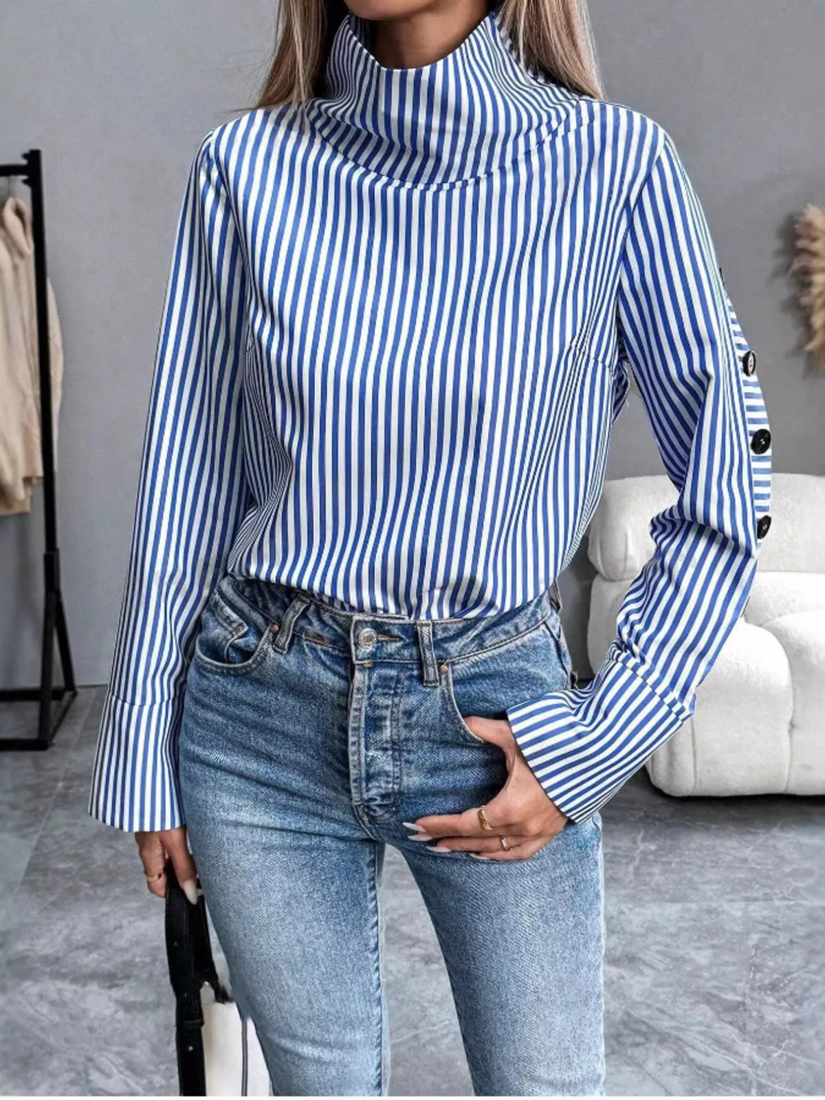 Trendsi Striped Turtleneck Long Sleeve Blouse -
