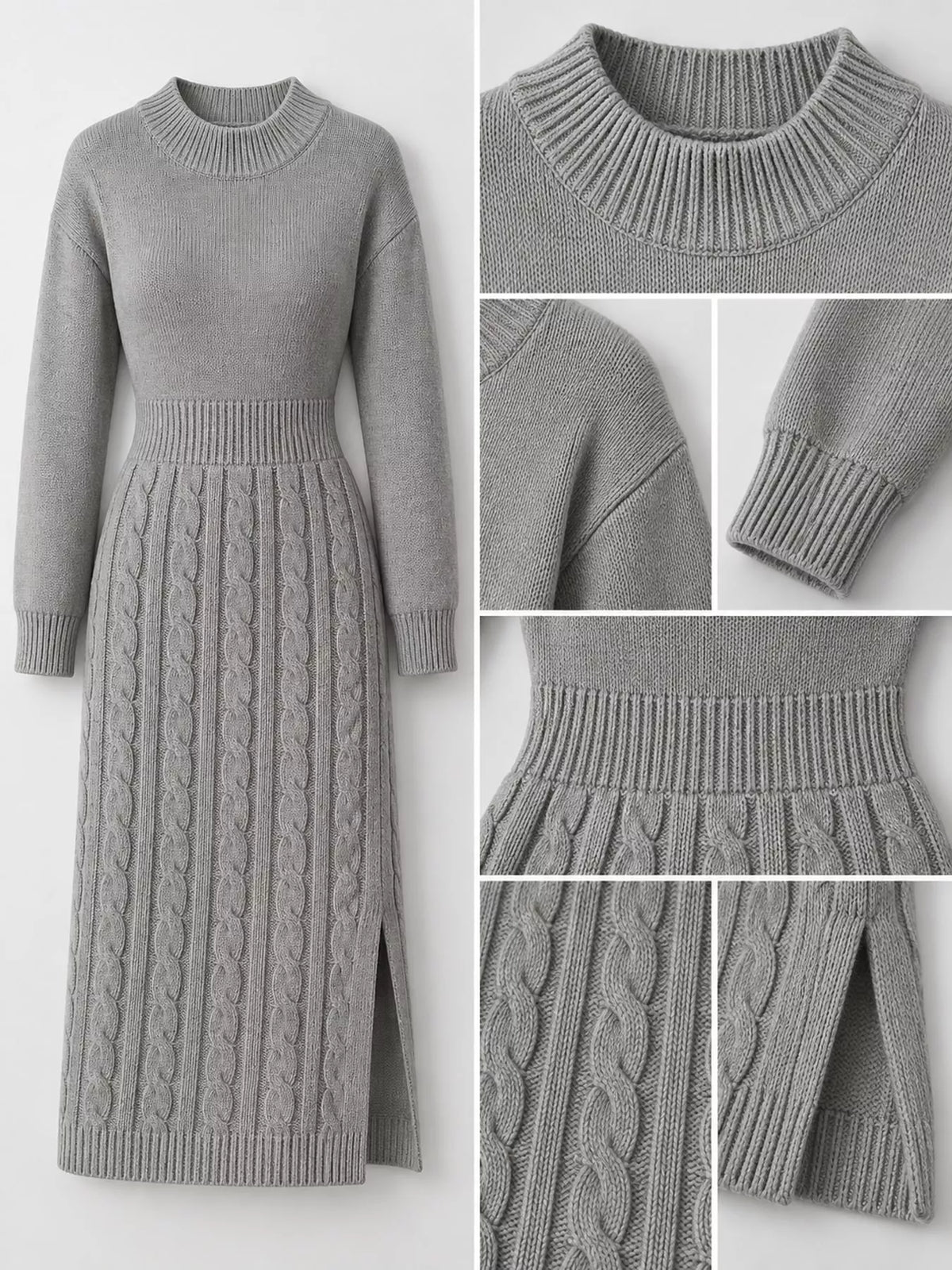Women's Mock Neck Cable Knit Sweater Dress with Front Slit in gray — detail collage view