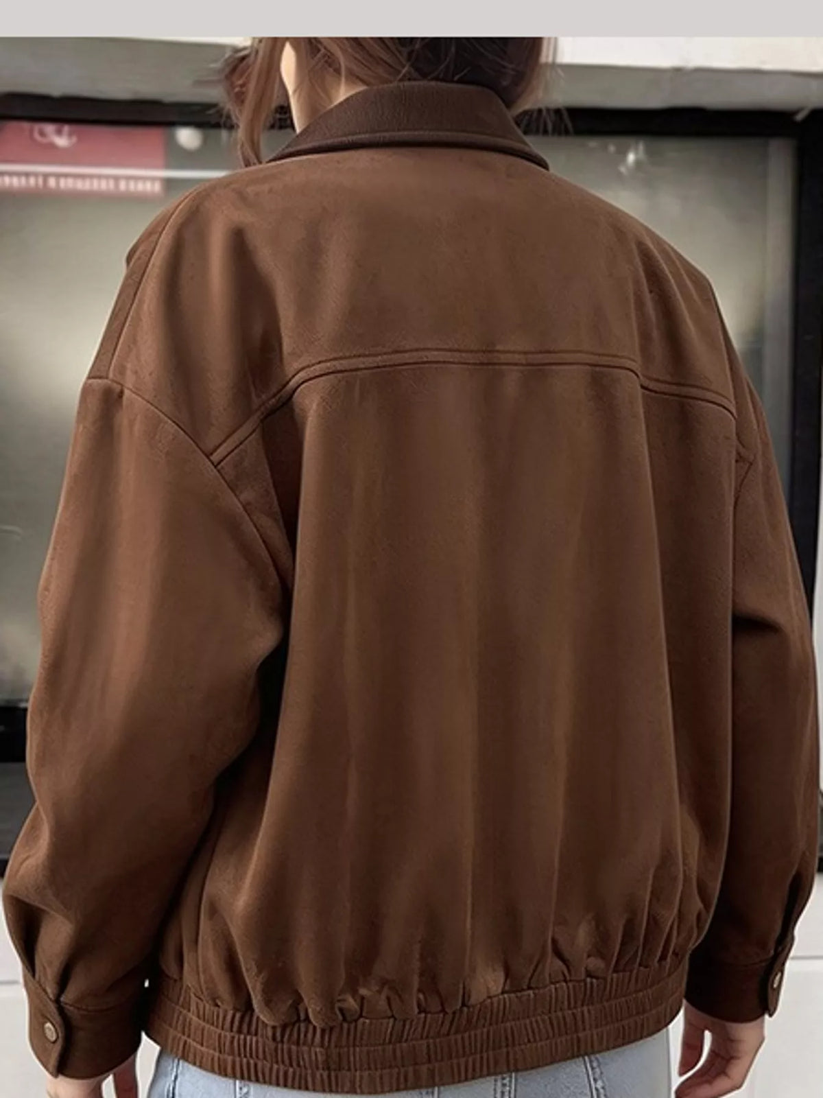 Brown zip-up dropped shoulder jacket — back view