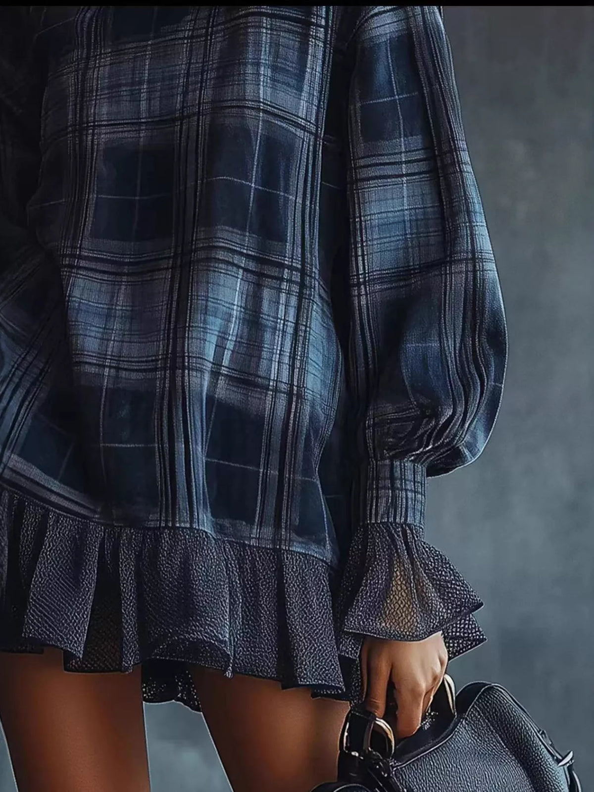 Plaid high-neck ruffle-hem mini dress