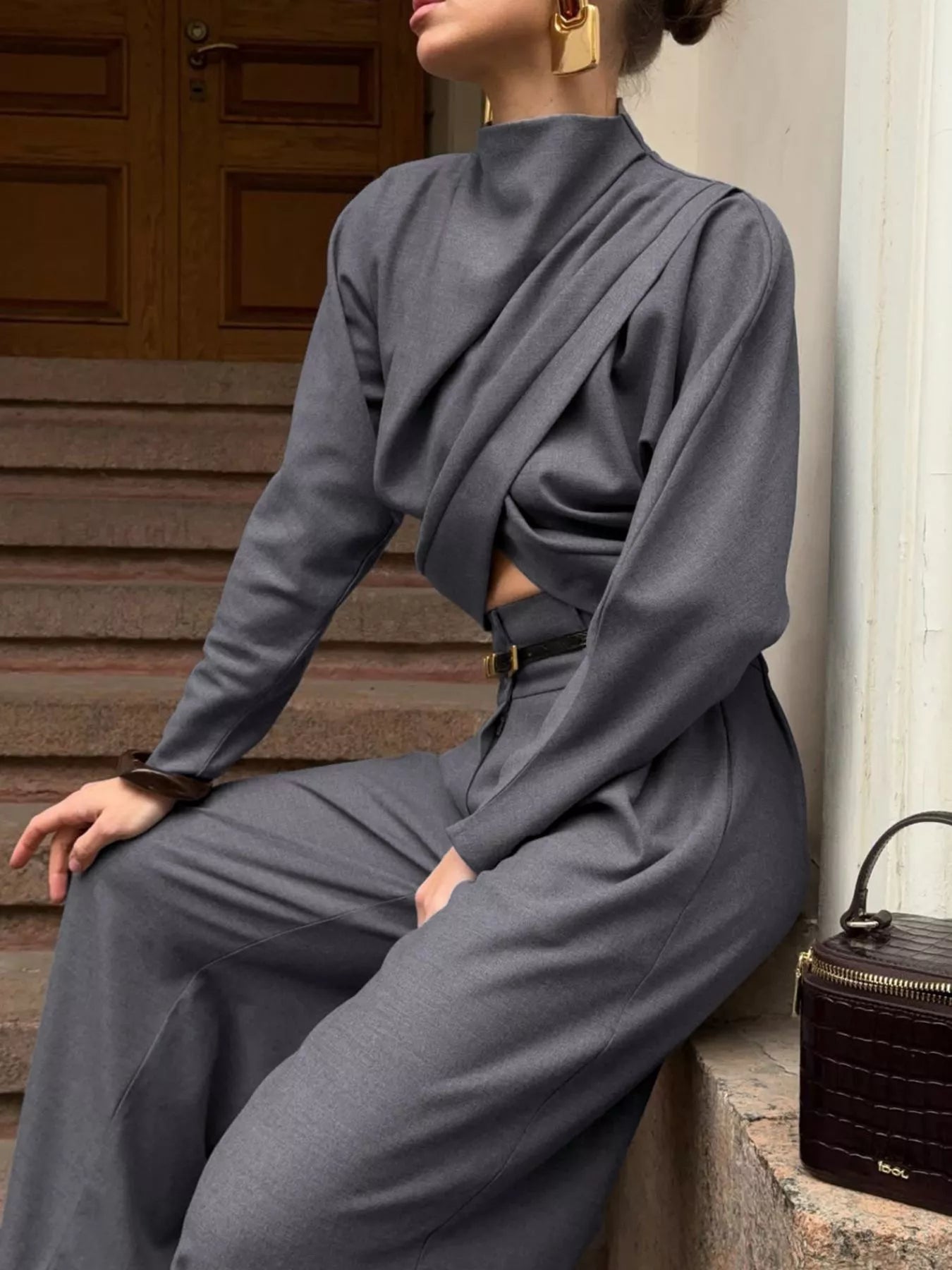 Trendsi Draped Crop Top and Wide-Leg Pants Set -