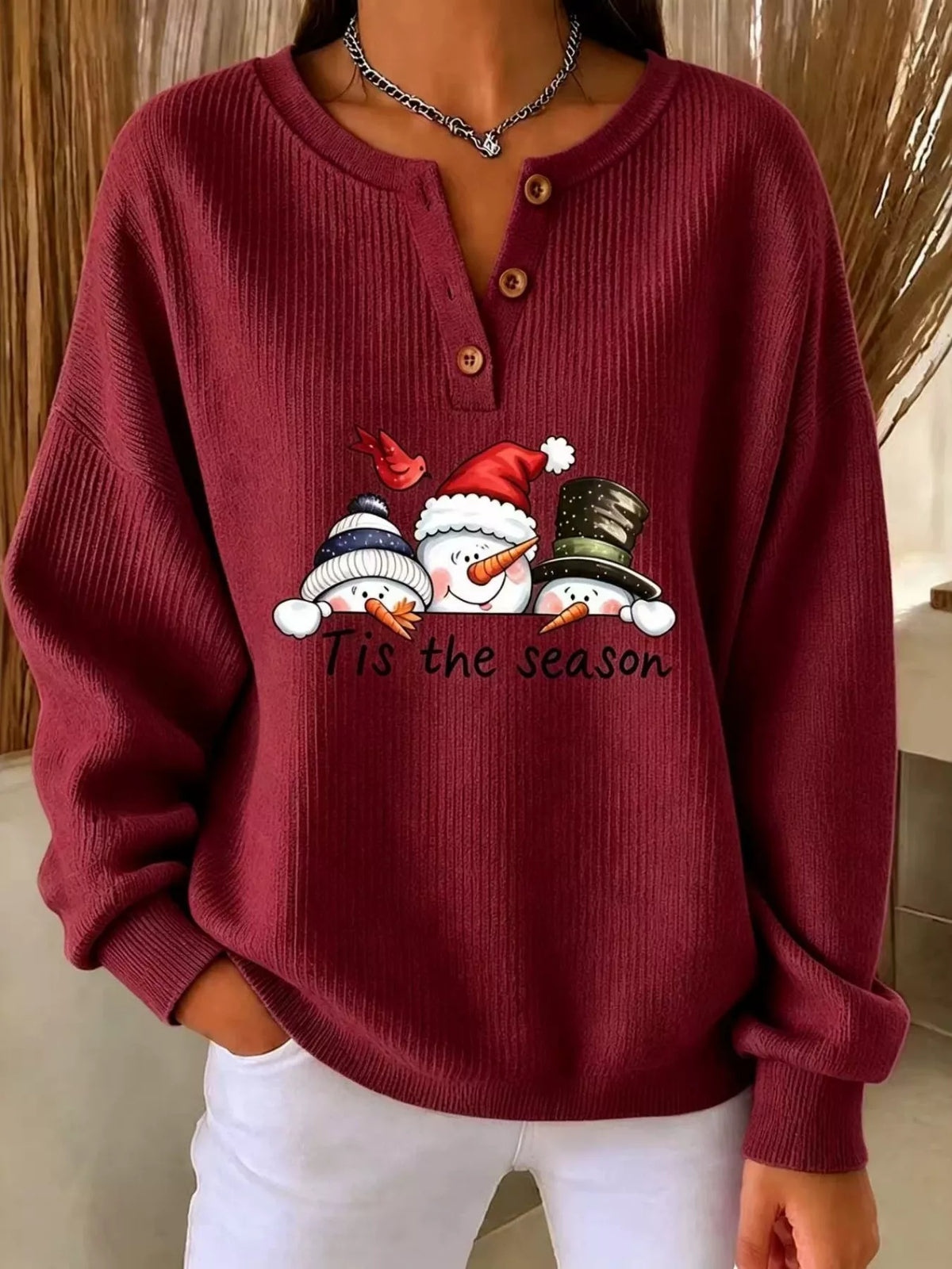 Snowman graphic ribbed Henley sweatshirt in burgundy, front view