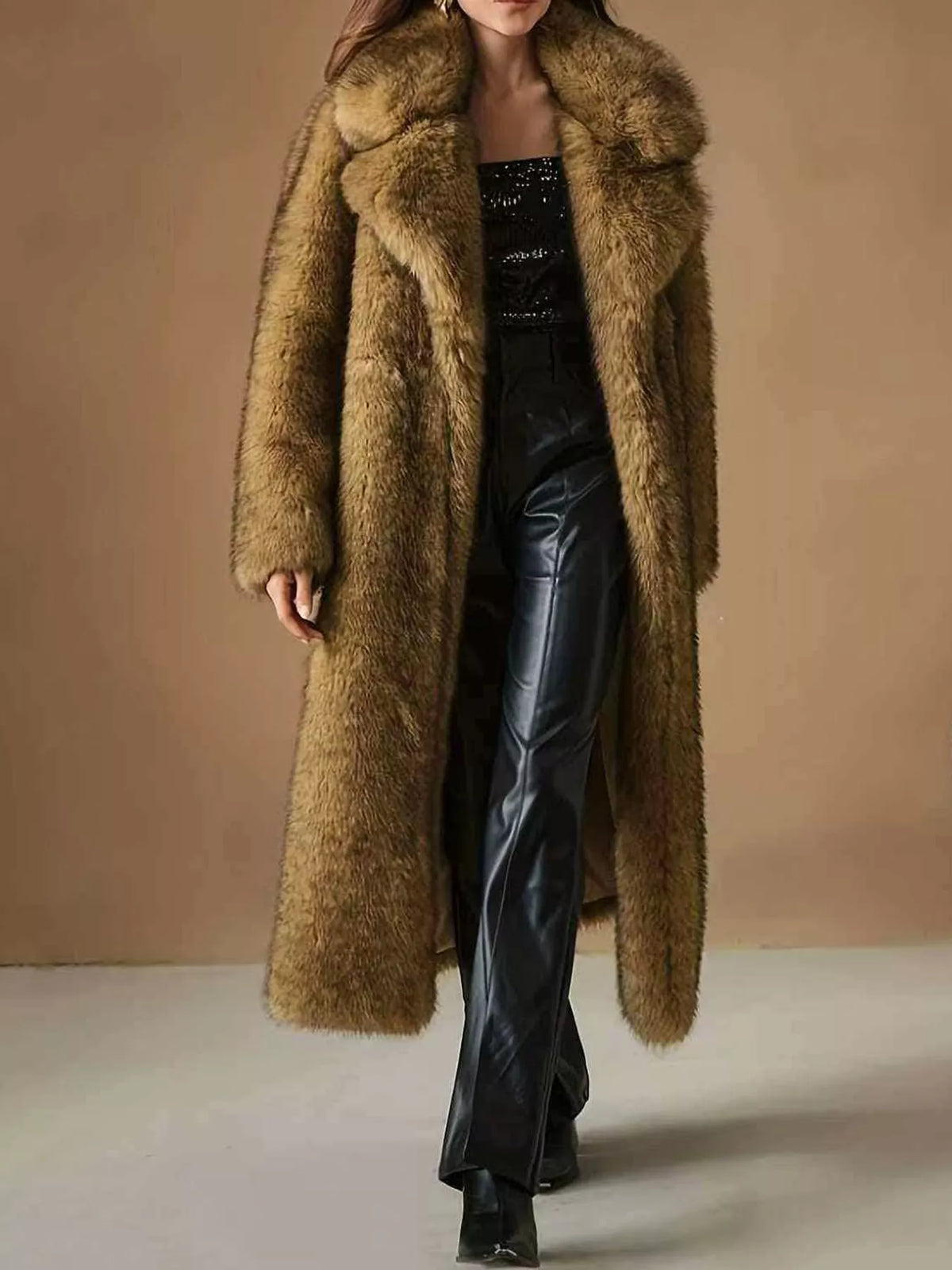 Faux Fur Longline Coat in dark brown