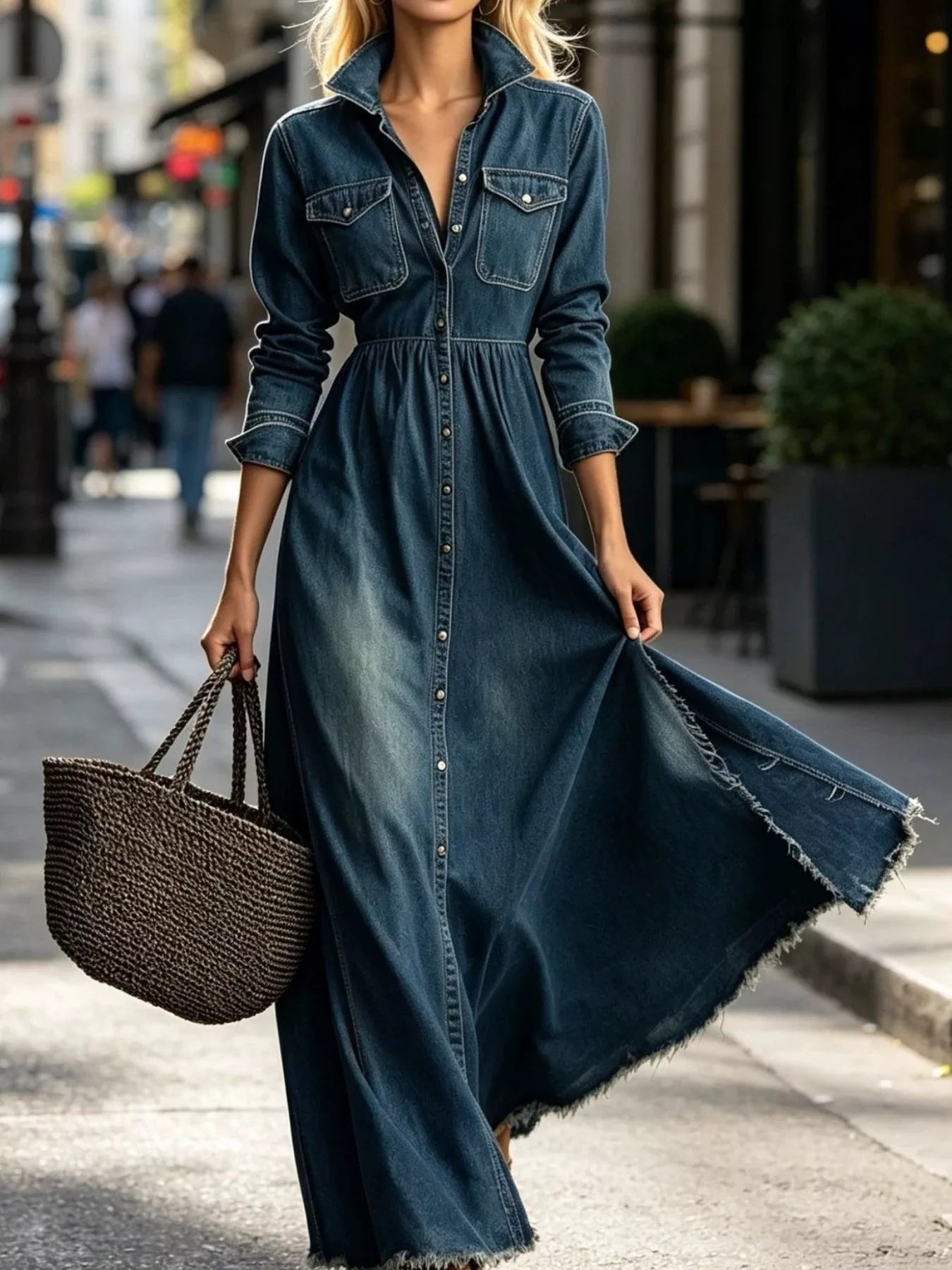 Trendsi Raw Hem Long-Sleeve Denim Maxi Dress -