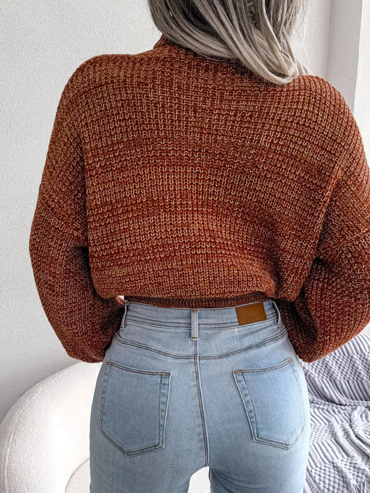 Turtleneck Dropped Shoulder Sweater in brown, front view