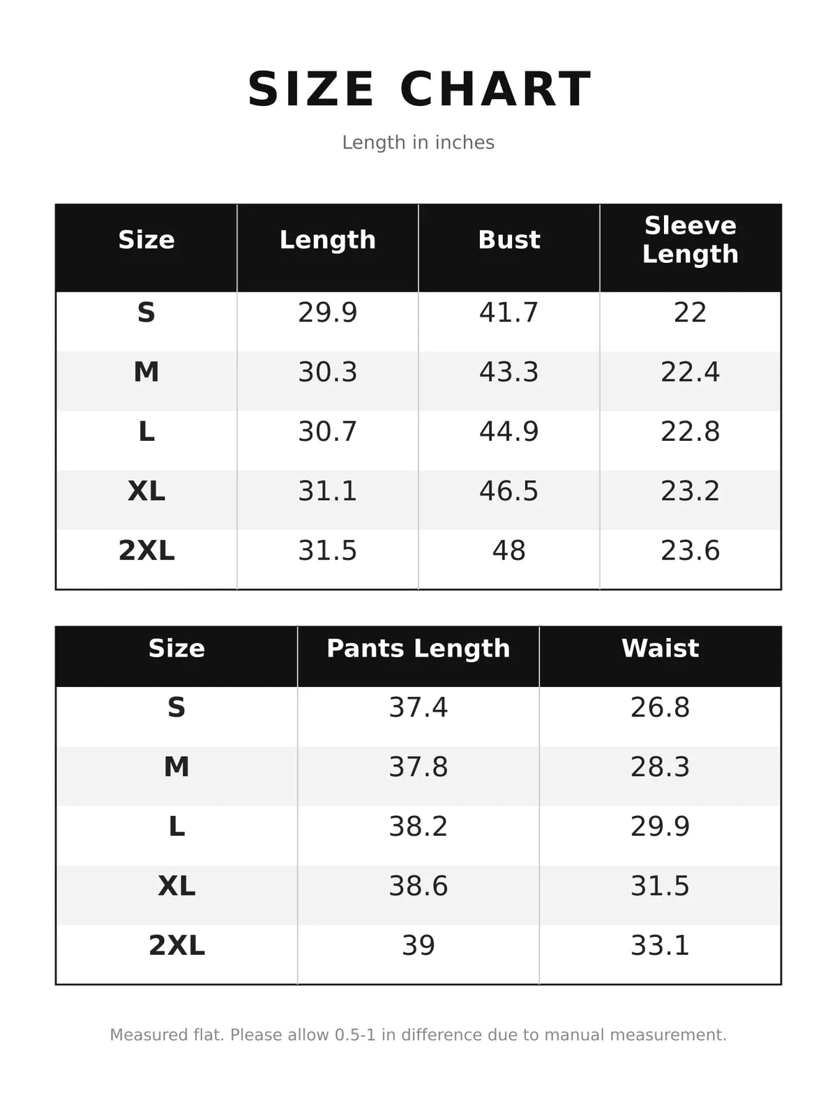 Size chart for feather-trimmed top and wide-leg pants set
