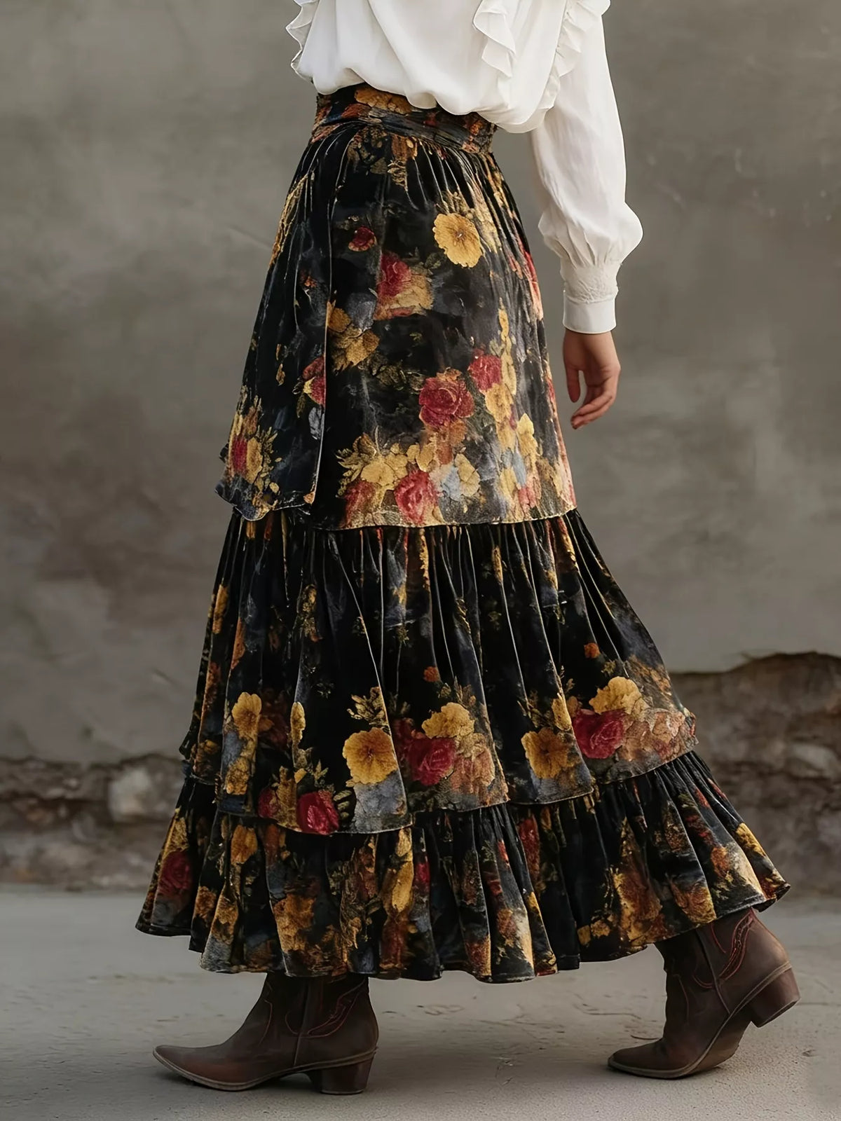 Floral Tiered Maxi Skirt with Pockets side view