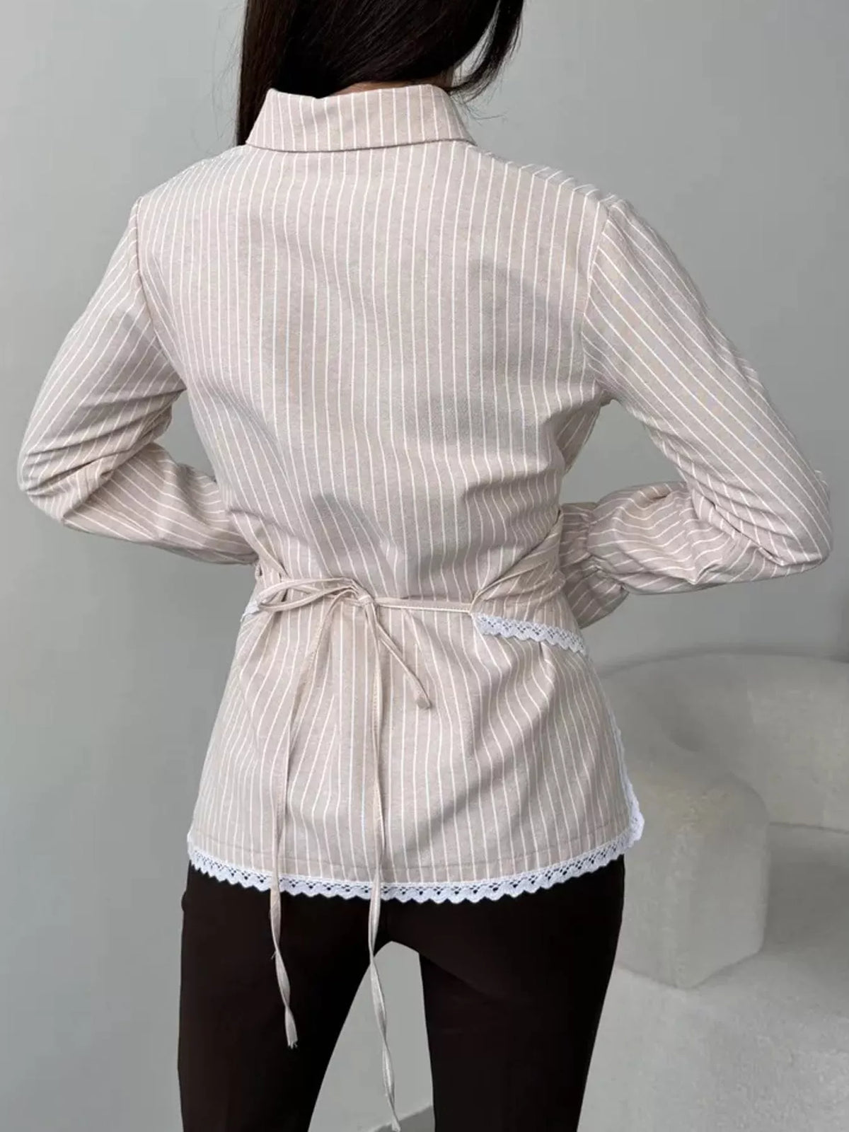 Lace-trim striped shirt, beige back