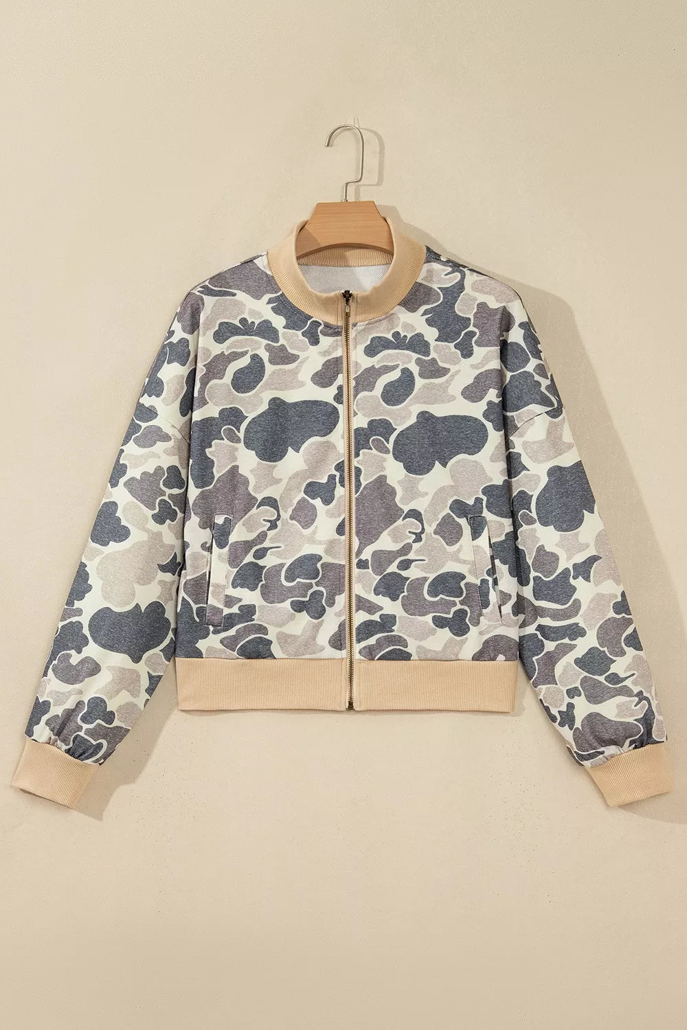 Green Camouflage camouflage print color block trim zip bomber sweatshirt