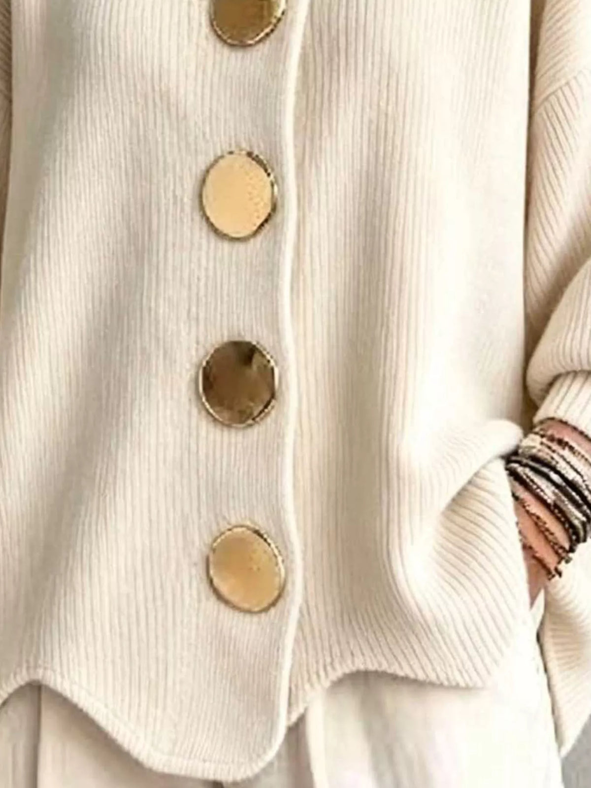 Women's Ribbed Knit Gold Buttons Cardigan in cream — button detail view
