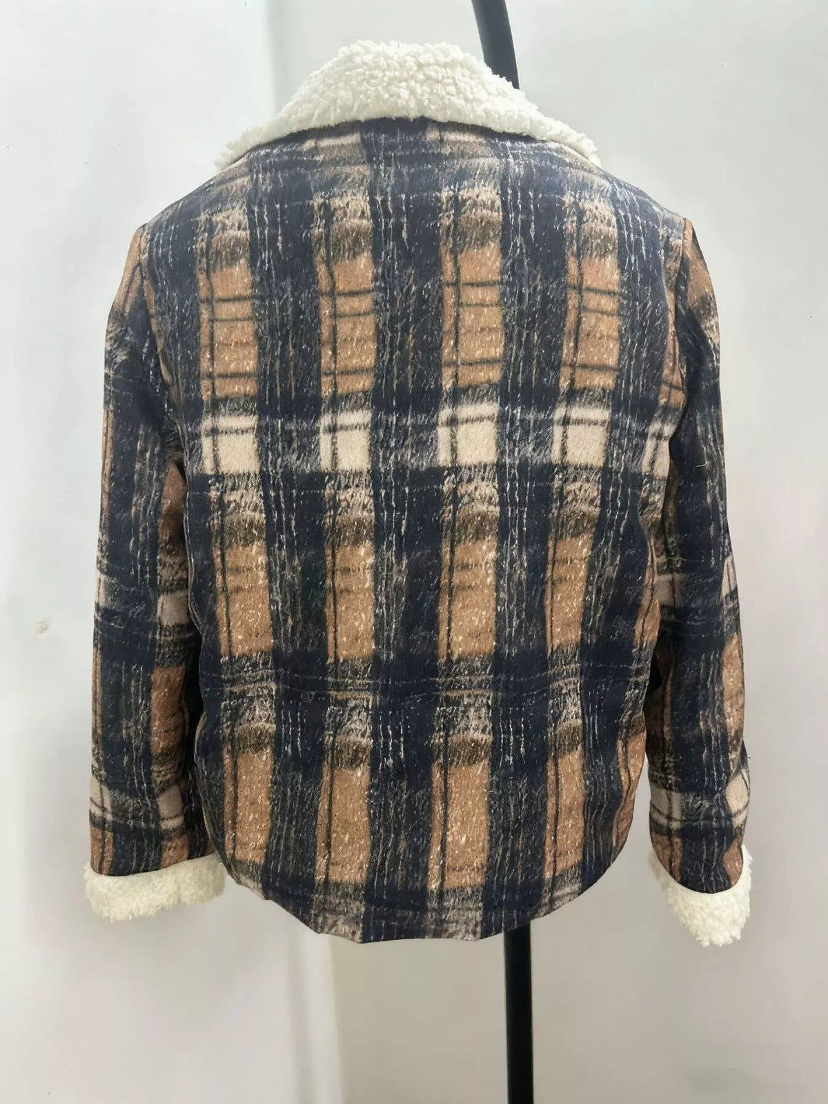 Women's sherpa-lined plaid button-down outerwear jacket