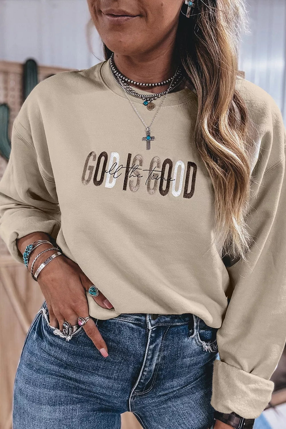 Trendsi God Is Good Letter Graphic Crew Neck Sweatshirt -